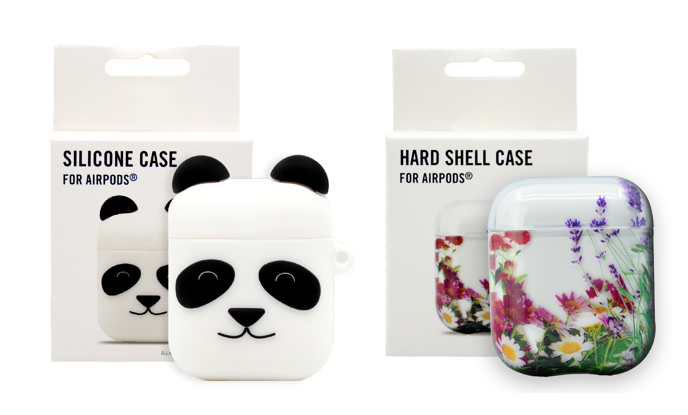 Wildflower and Panda Airpods cases and packaging